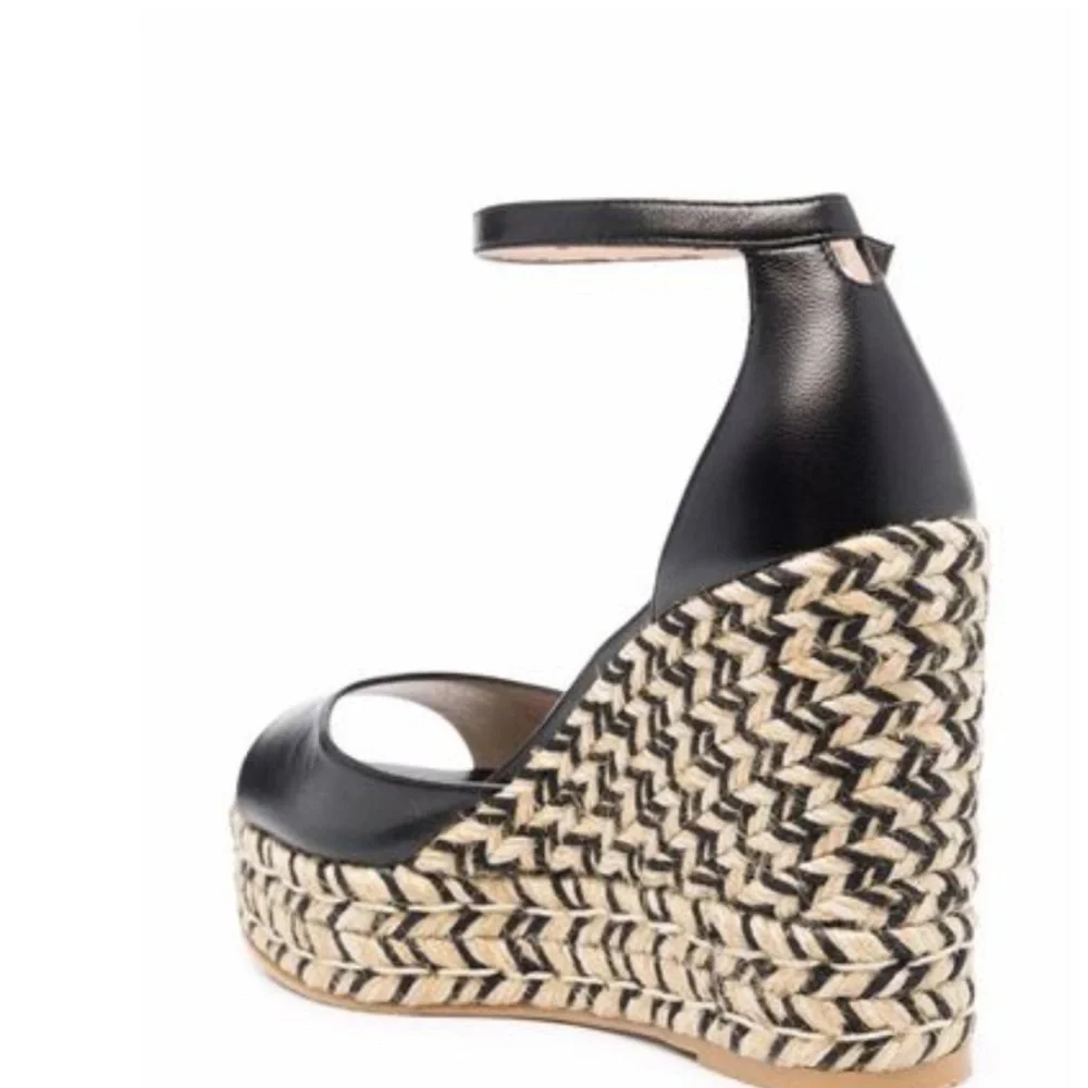 Stuart Weitzman Black Leather Espadrille Wedge Sandals